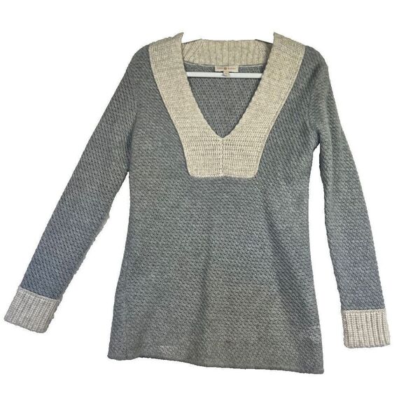 Tory Burch 100% Cashmere Waffle Knit V-Neck Tunic Sweater Gray Cream Color Block - Picture 1 of 6